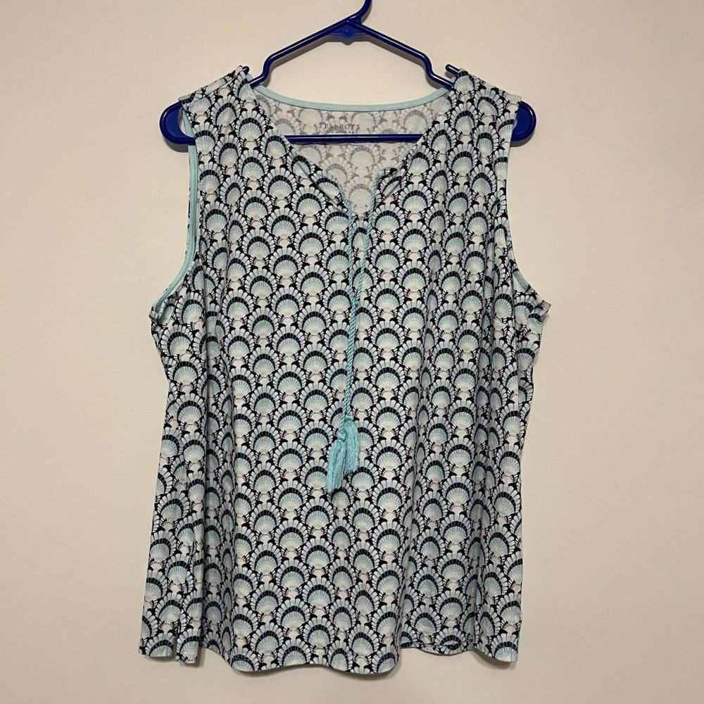 Talbots Women's Plus Sleeveless Tank Top Blue & White Seashell w/ Tassels
